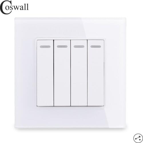 COSWALL 4 Gang 2 Way Luxury Crystal Glass Panel Light Switch On / Off Pass Through Wall Switch 16A