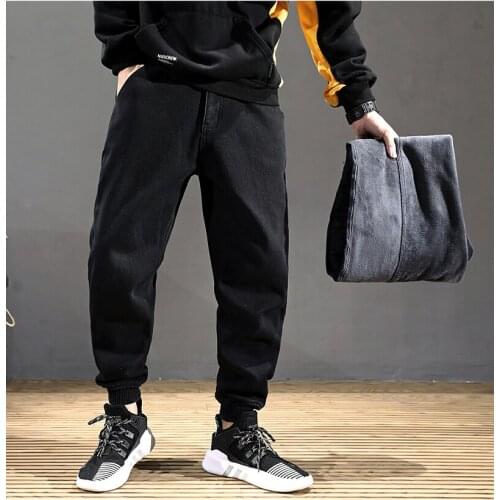 2021 Fashion Winter Jeans Men Black Color Loose Spliced Designer Cargo Pants Harem Jeans Slack Bottom Hip Hop Velvet Warm Jeans