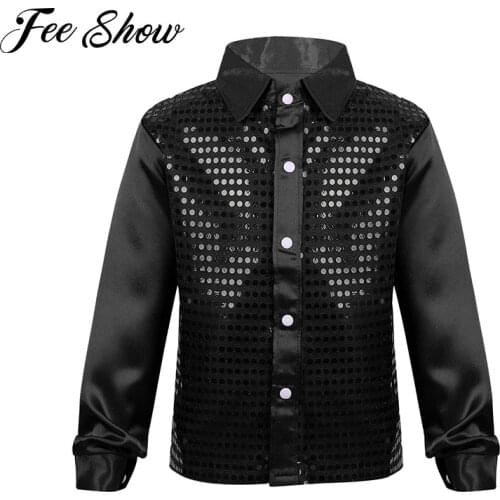 FEESHOW Kids Boys Shirts Shiny Sequined Long Sleeve Spread Collar Shirt Child Dance Shirts Costumes For Jazz Street Dance Wear