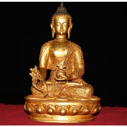 13"Tibet Temple Collection Old Bronze Gilt Real gold Medicine Buddha Shakyamuni Buddha Sitting Buddha Enshrine the Buddha