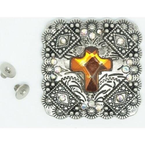 Antique Silver Plated Square Western Cross Concho with Screwback Rhinestone Leathercraft Cowboy Concho Hardware Belt Accessories