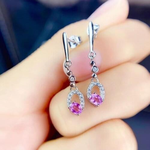 Fashion elegance water drop circle S925 silver natural pink sapphire drop earrings natural gemstone earrings women party jewelry