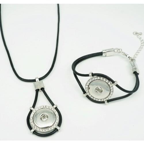 Fashion Drop crystal pendant Black leather chain bracelet&necklace snap bracelets 20cm fit 18mm snap buttons wholesale SE0110