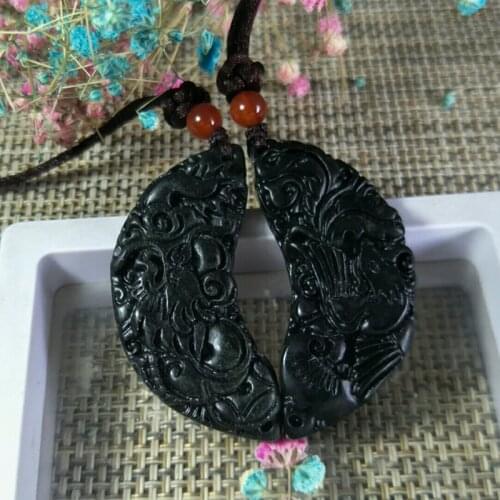 Natural Black-Green Jade Dragon Phoenix Jade Pendant Jewelry Lucky Exorcise Evil Spirits Safety Amulet Pendant Fine Jewelry