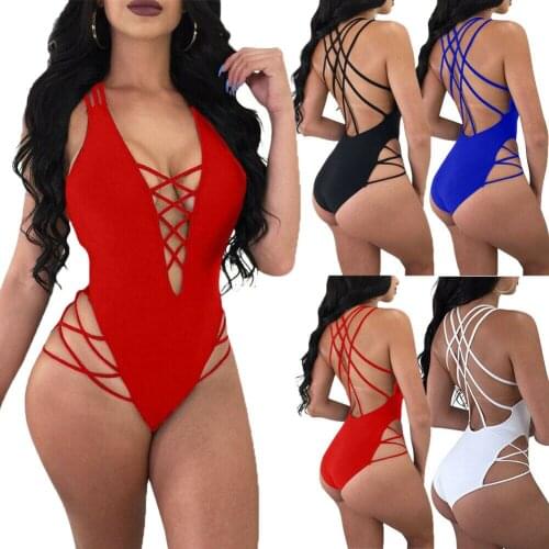 2019 New Style Solid Womens Lace Up Straps Monokini Bikini Sets One-Piece Swimwear Swimsuit Swimming