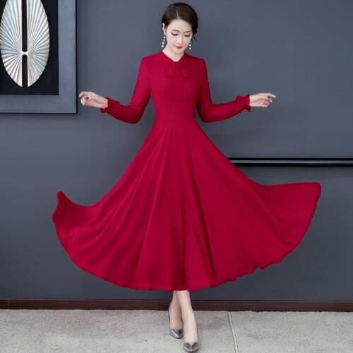 Elegant Solid Loose Bow-neck Women Dresses Plus Size 5XL Ruffles Chiffon Female Dress Puff Sleeve Long Vestidos Femme Autumn