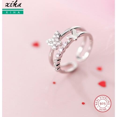 Adjustable Ladies Double Butterfly Rings for Women Kids CZ Zircon 925 Sterling Silver Ring Multi Layers Trendy Jewellery