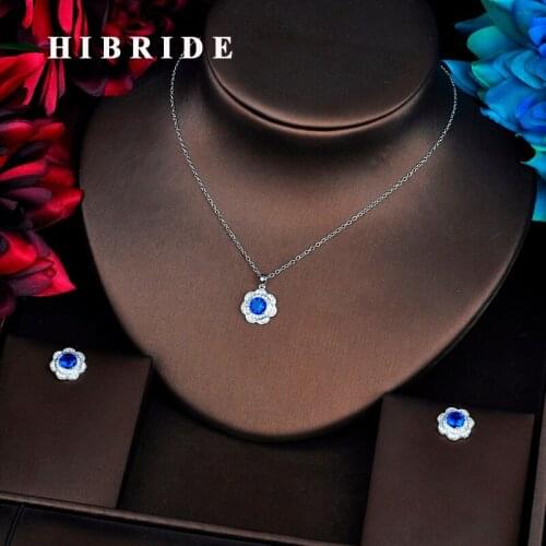 HIBRIDE Luxury Blue Cuibic Zircon Flower Link Chain Pendant Jewelry Sets For Women Necklace Sets Earings Fashion Jewelry N-544