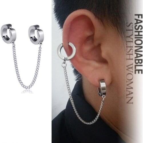 1 Pair Hip Hop Chain Earrings Gothic Street Fashion Unisex Stainless/Titanium Drop Cuff Double Chain Piercing Ear clip Jewelry