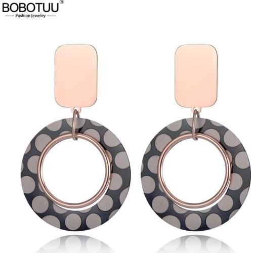 BOBOTUU Trendy Double Layer Stainless Steel Geometry Earrings For Women Girls Rose Gold Ear Jewelry For Christmas Gift BE19067