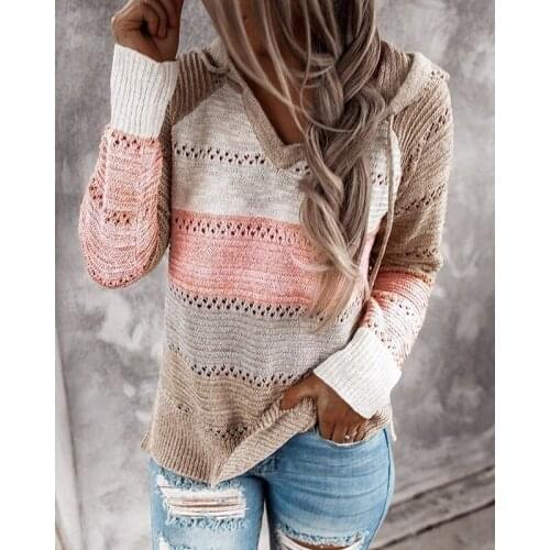 Fall Winter Women Patchwork Hooded Sweaters Long Sleeve V-Neck Slim Pullover Tops Jumper Female Casual Knit Sweaters Plus Size