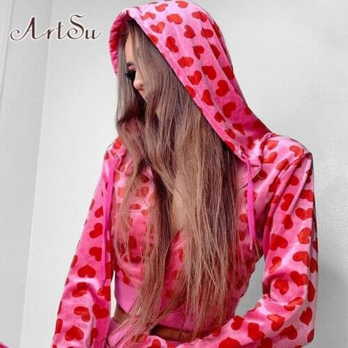 ArtSu Velver Hooded Hoodies Long Sleeve Zipper Heart Jackets Y2K Cute Outwear Autumn Cropped Sweatshirt Women Cute Ladies Hoodie