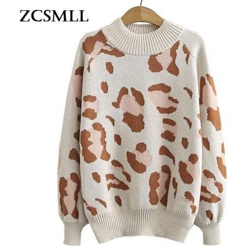 2021 Autumn Korean Fashion Womens Lantern Sleeve Tops Long Sleeve Loose Style Leopard Turtleneck Female Sweater Tide