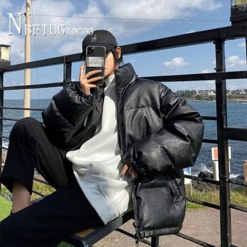 Black PU Leather Korean Warm Thick Parkas Stand Collar Winter Jacket Woman
