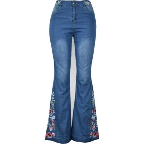 New Chinese style embroidered washed horn Pants Women Jeans comfortable Plus Size 4XL womens trousers