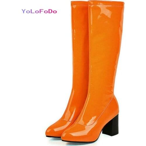 2021 Autumn Winter Women Knee High Boots Patent PU Leather Square High Heel Women Calf Boots Side Zipper Pointed Toe Womens Boo