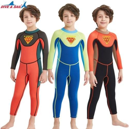 DIVE&SAIL Boys 2.5MM Neoprene Full-body Wetsuits Keep Warm Diving Suits Long Sleeves Anti-UV Swimwear for Surfing Water Sports