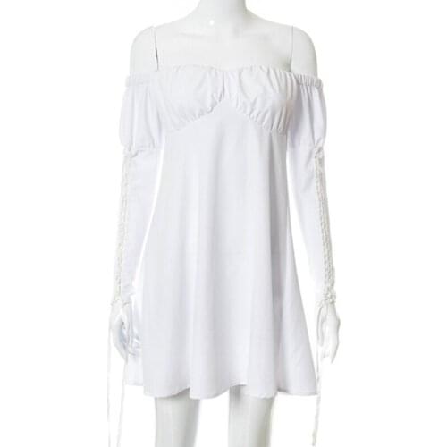 Women Criss Cross Lace-Up Puff Long Sleeve White Midi Long Dress Ruched Chest Sexy Off The Shoulder Pleated Clubwear