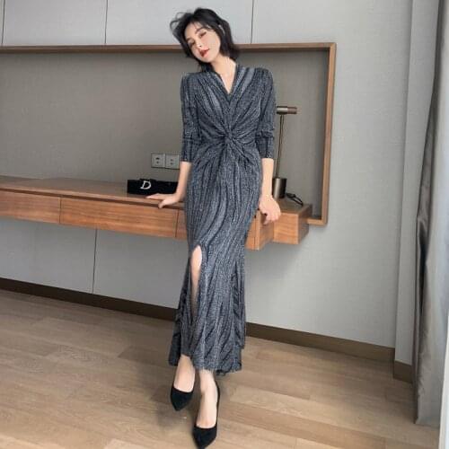 Office Bandage Vintage Sexy Party Dress Wrap Spring Dresses V Neck Bright Silk Draped Long Sleeve Women Knitting Dress Vestidos