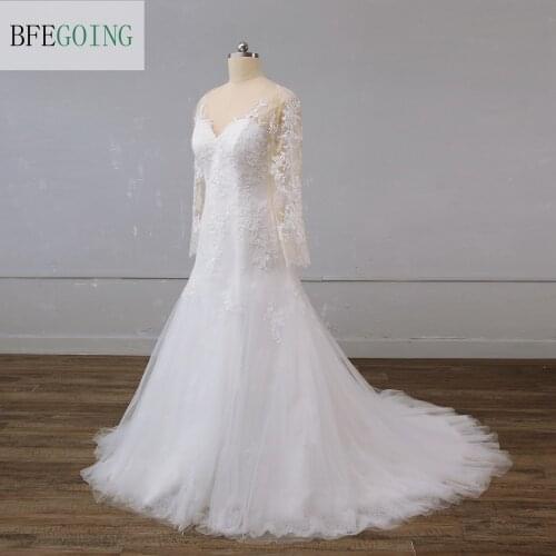 Ivory Tulle Lace Long Sleeves V-Neck Bridal Gown Floor-Length Mermaid/Trumpet Wedding Dress Chapel Train Custom Made