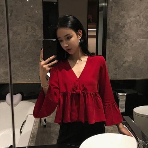 2020 Spring New Style WOMENS Dress Loose-Fit V-neck Bell Sleeve Chiffon Shirt Female Long Sleeve Shirt
