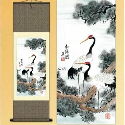 1pc China Quality Traditional Home Decoration Chinese Silk Scroll Painting Crane Gongbi Painting S091