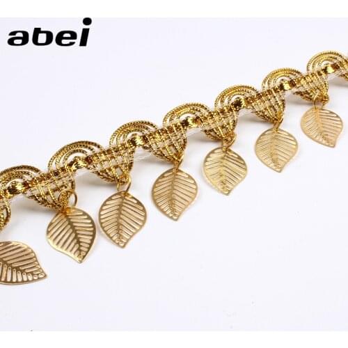 45mm 1yard Braided Gold Lace Fringe Leaf Sequins Paillette Tassel Ribbon For Wedding Party Dance Dress Sewing Garments Accessory