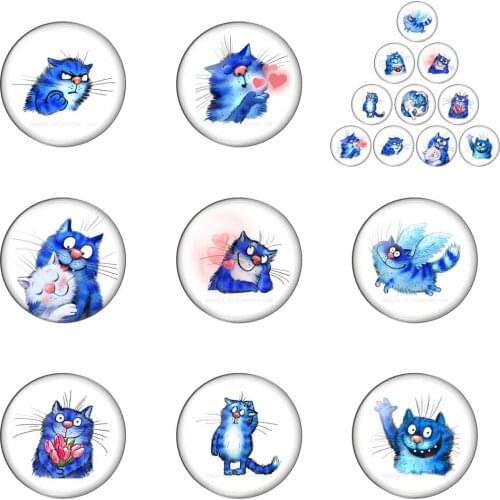 Cartoon Blue Cat Art Paintings 10pcs 12mm/14/16/18mm/20mm/25mm Round Photo Glass Cabochon Demo Flat Back Making Findings