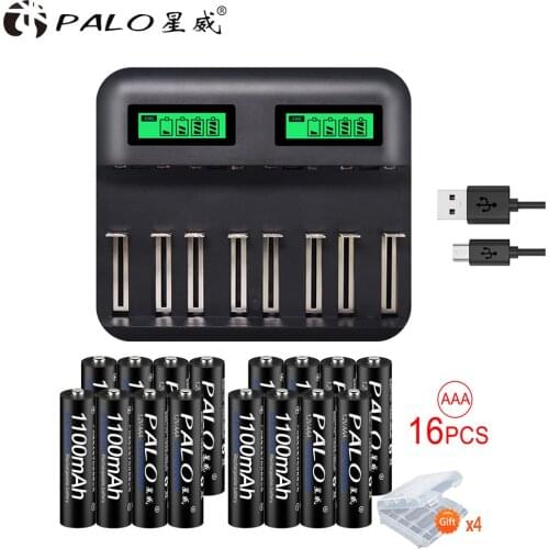 PALO battery charger for battery rechargeable aaa aa battery 1.2v NI-MH NICD rechargebal battery+16pcs AAA1100mah nimh batteries