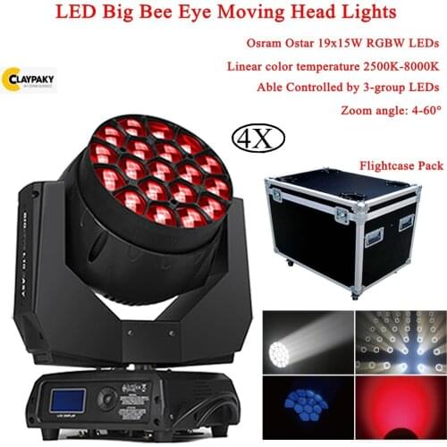 4Pcs/Lot LED 19x15W RGBW 4IN1 Bees Eyes Big Eyes Moving Head Stage Lights With Zoom Rotating Disco DJ Bar Party Night Lamp
