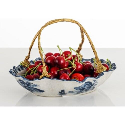 American blue white porcelain decorated with copper basket European porch wine cabinet handicraft high grade luxury fruit plate