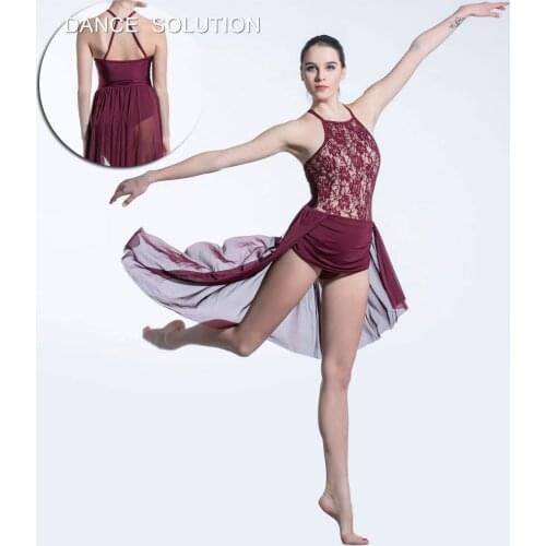 Burgundy Sequin Bodice with Lace and Mesh Skirt Halter Neck Dress for Child & Adult Dancer Stage Show Costume Lyrical Wear 19614