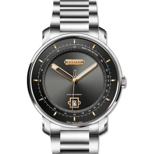 Mens automatic watches,men luxury watch PONIGER man self wind mechanical wristwatch waterproof clock steel strap reloj hombre