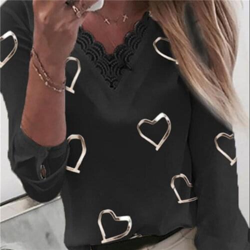 Lace Elegant Blouses Office Women Hearts Print Blouses V-neck Lace Patchwork Long Sleeve Shirts Top Blouses Женские Вещи