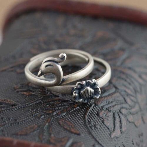 FNJ 925 Silver Peacock Peony Ring Original Pure S925 Sterling Silver Rings for Women Jewelry Open Adjustable Size