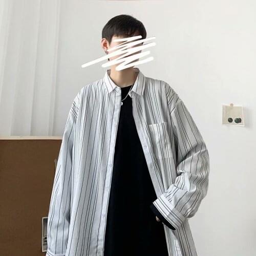 Hong Kong style summer thin mens long-sleeved shirt literary small fresh striped loose shirt Korean chic shirt tide
