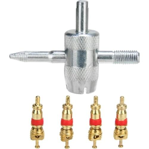 Car Tire Remover Tool + 4 Brass Valve Core Set Four-in-one Re-taps Threads Inside, Reams Inside Valve Stems Car Accessories