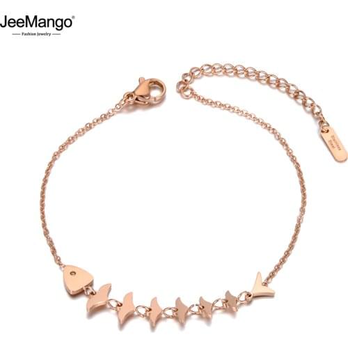 JeeMango Trendy Stainless Steel Fish Skeleton Charm Bracelets For Women Girls Rose Gold Chain Link Summer Beach Bracelet JB20005
