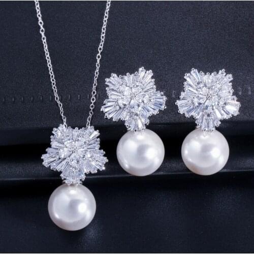 S925 Sterling Silver Freshwater Pearl Earring Necklace Pendant Set Snowflake Pearl Set Bridal Engagement Wedding Gift Jewelry