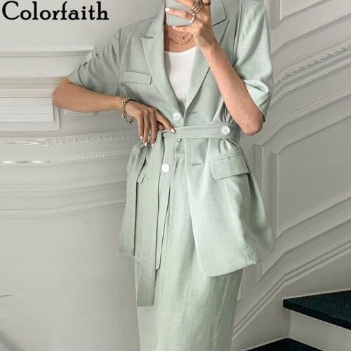 Colorfaith 2021 New Summer Women Sets 2 Piece Outfits Blazers Matching Long Skirt Office Lady Pockets Fashionable Suit WS1838