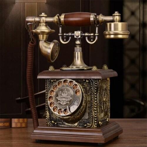 European antique creative telephone retro solid wood craft old-fashioned rotary dial wired home office telephone landline