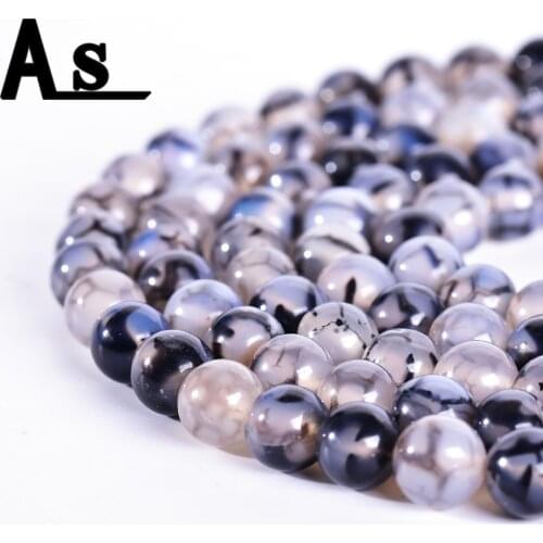 Asingeloo 15" Natural Stone Black Dragon Vein Agates Round Loose Beads 6 8 10 12MM Pick Size For Jewelry Making