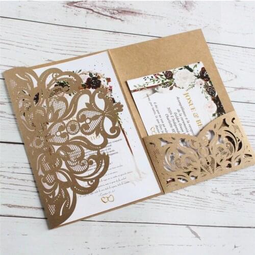 Laser Cut Wedding Invitation Card Tri-Folded Pocket Customized Printing Marriage Anniversary Party Invites With Envelop