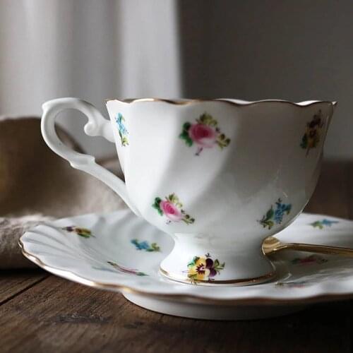 Golden Edge Small Floral Retro Spiral Rose Coffee Cup and Saucer/Retro Afternoon Teacup and Saucer