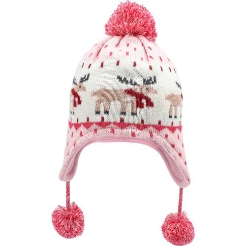 Connectyle Boys Girls Cute Cartoon Deer Warm Beanie Fall Winter Skull Cap Cotton Knit Fleece Lined Kids Earflap Hat With Pom-Pom