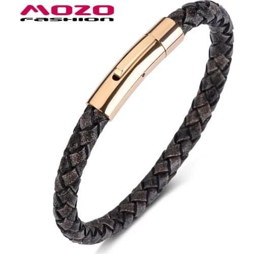 MOZO Fashion Bangles Men Retro Leather Stainless Steel Gold Snap Button Bracelets Casual Women Jewelry