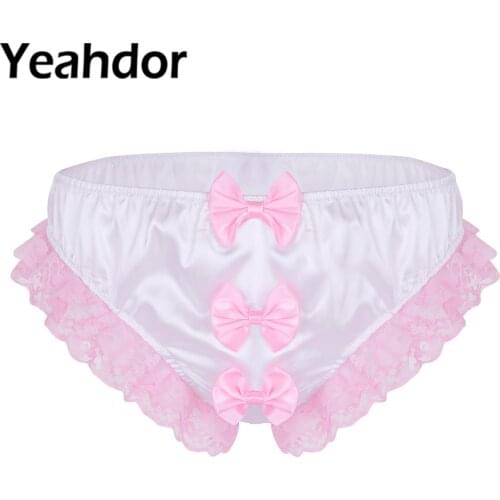 Mens Sissy Lingerie Briefs Shiny Ruffles Floral Lace Three Big Bows Gay Stretchy Underwear Panties Underpants for Lingerie Night
