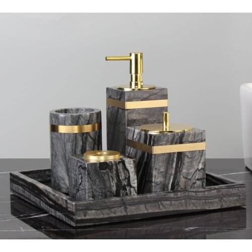 Tuqiu Bathroom Accessories Set Marble Gold Soap Dispenser Tooth Brush Holder Cotton Swab Box Luxury Bathroom Hardware Set
