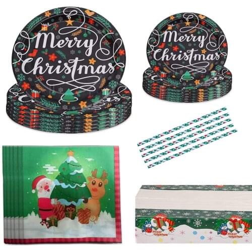 Christmas Disposable Dinnerware Set Party Tableware Supplies Paper Plates Napkin Straw Xmas Home Decorations New Year