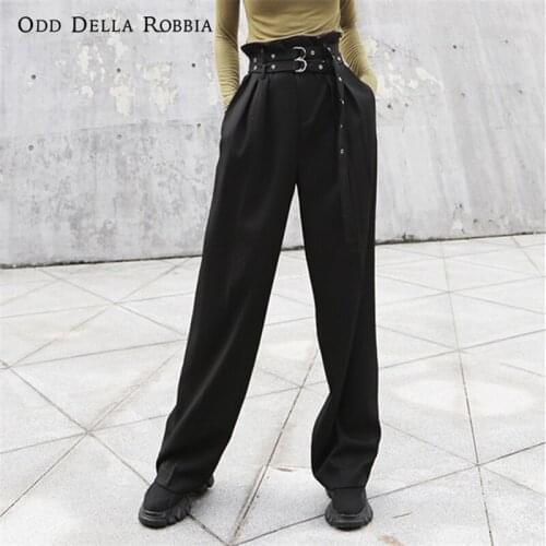 OddDellaRobbia 2021 Autumn New Womens Trousers Thin Double Buckle Belt High Waist Pants Wide Leg Mopping Pants Streetwear 1173